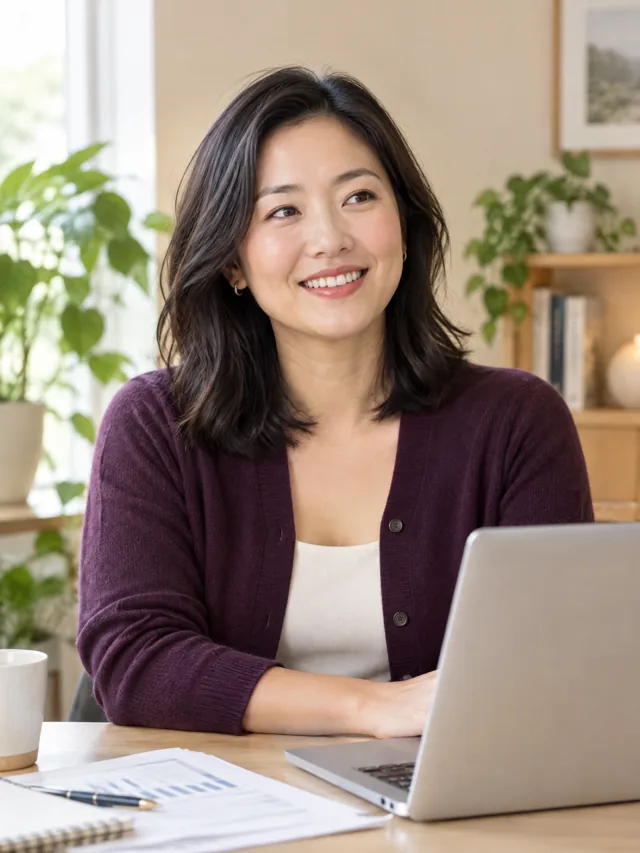 Accountant smiling at her desk in a bright home office