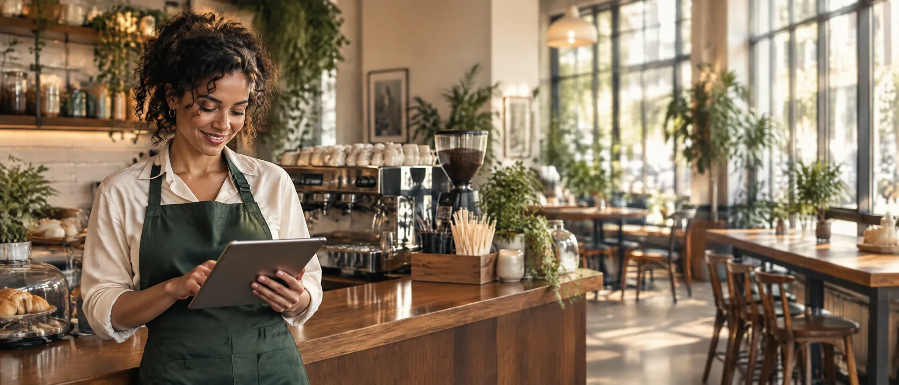 Independent cafe owner reviewing a tablet behind her counter