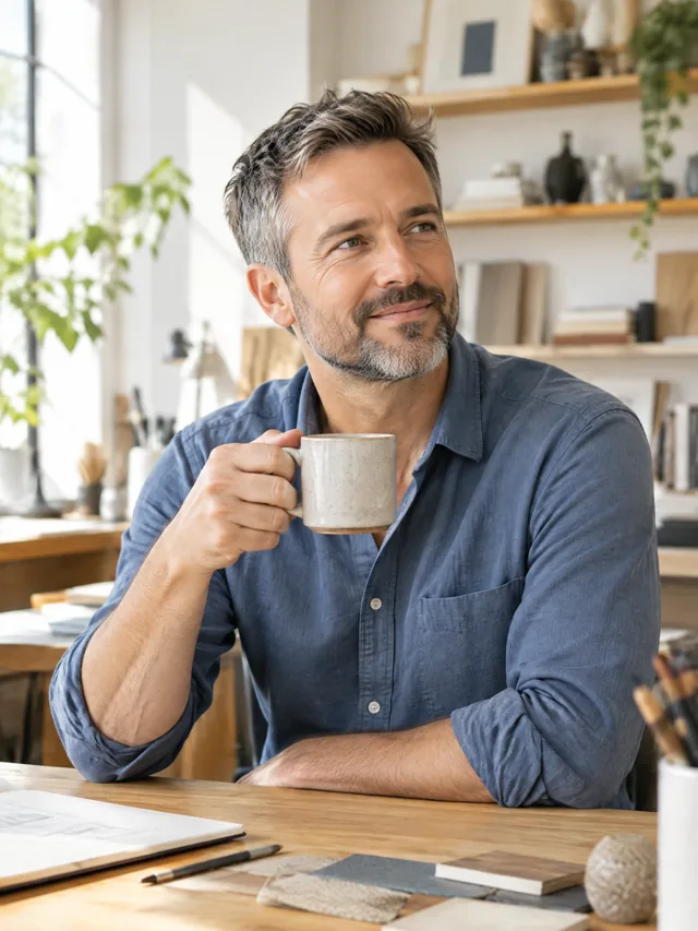 Independent designer enjoying a coffee in his studio